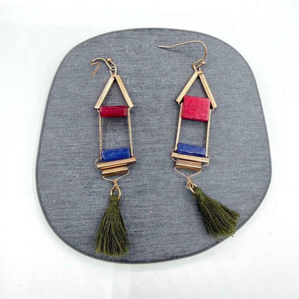 Gold Tone Red Blue Stone Olive Green Tassel Boho Geometric Dangle Earrings